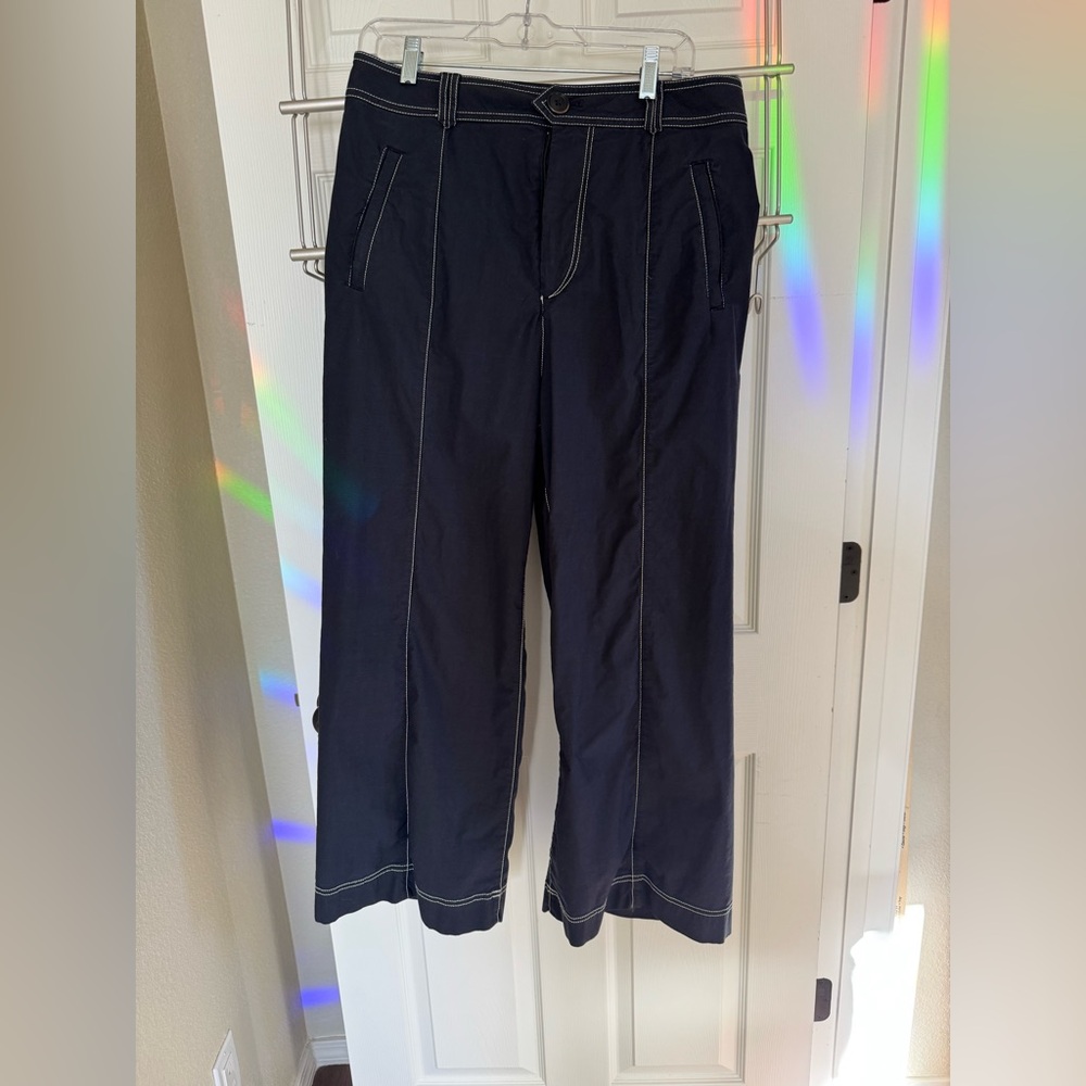 Anthropologie Navy Wide-Leg Pants with Contrast Stitching